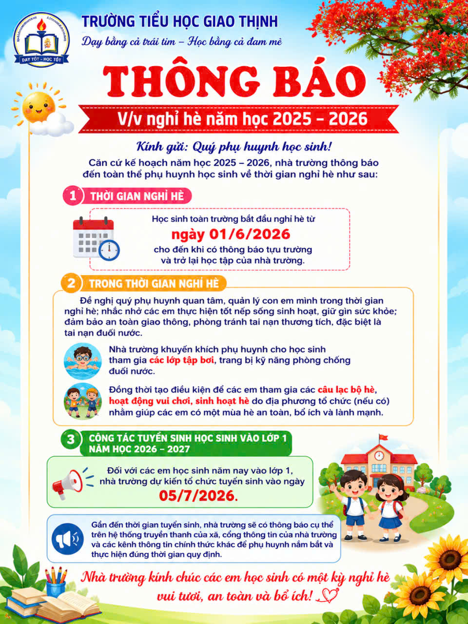 TIỂU HỌC GIAO THỊNH THÔNG BÁO THỜI GIAN NGHỈ HÈ